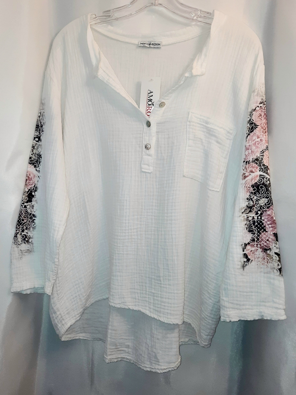 New Collection White, Pink & Grey Floral Long Sleeve Tunic ITALY Womens SM